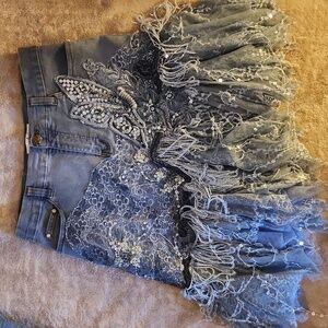 Rossi Roma Embellished Denim Lace Skirt Sz LARGE designed In ITALY